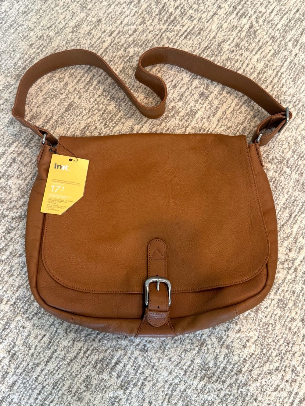 NWT INIT Tan Pebble Leather 17" Laptop Messenger Bag Crossbody tan unisex